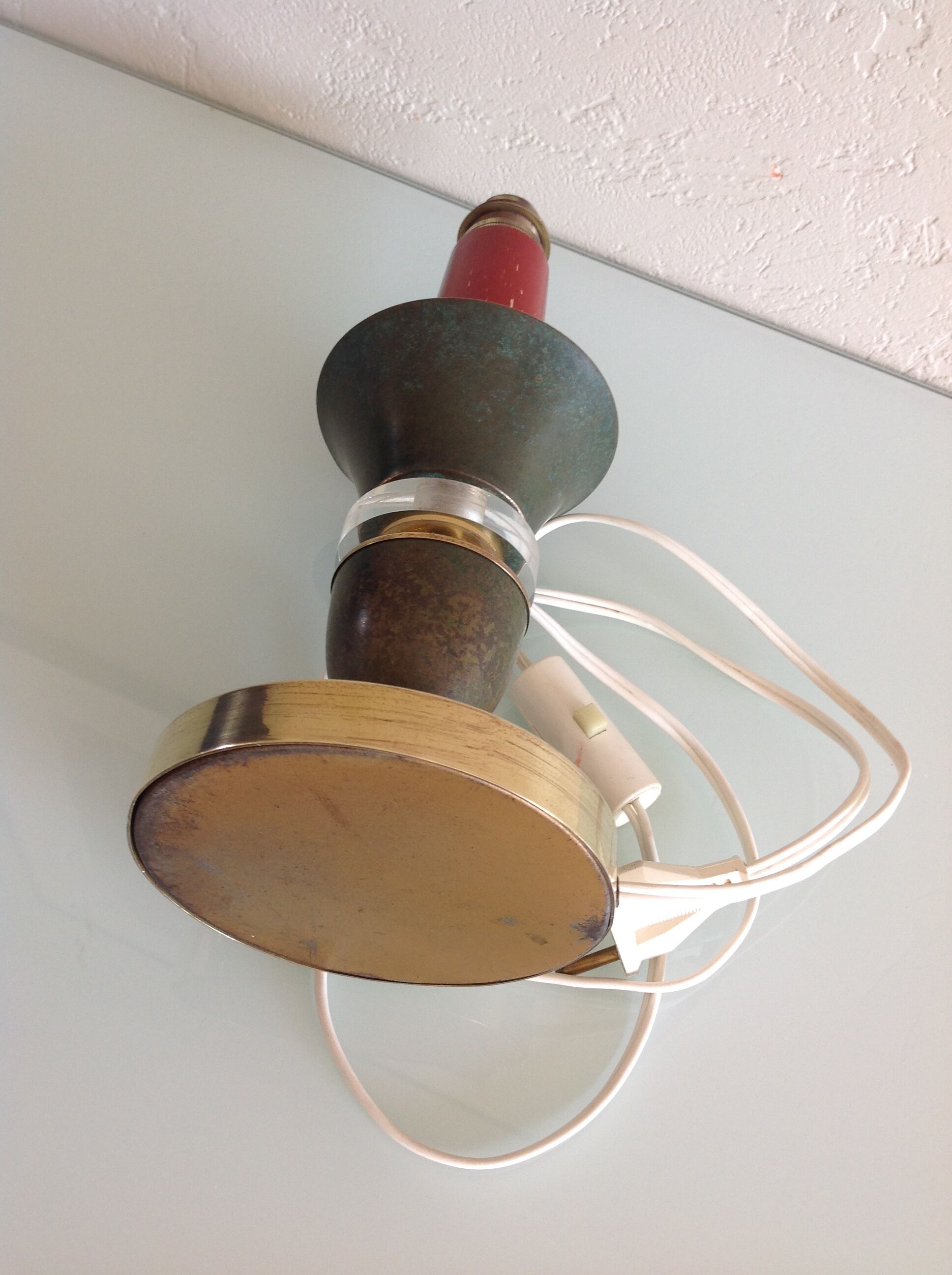 Brass lamp foot and art deco style wood