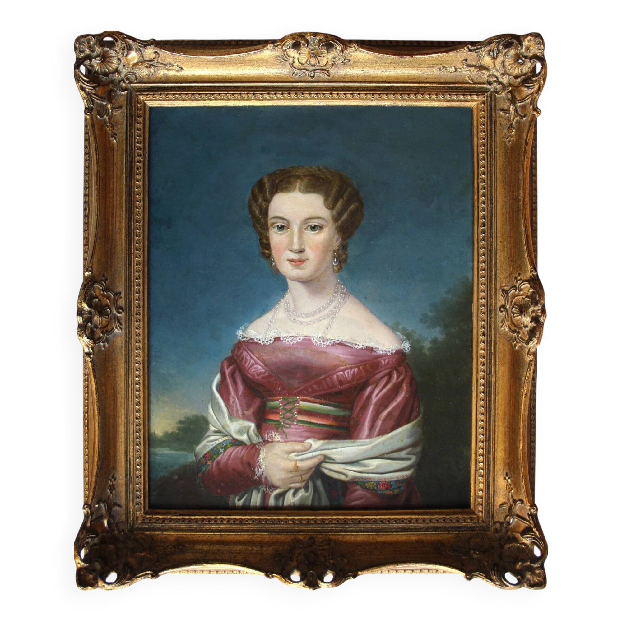 19th Century Antique Biedermeier Young Lady Miniature Portrait Painting