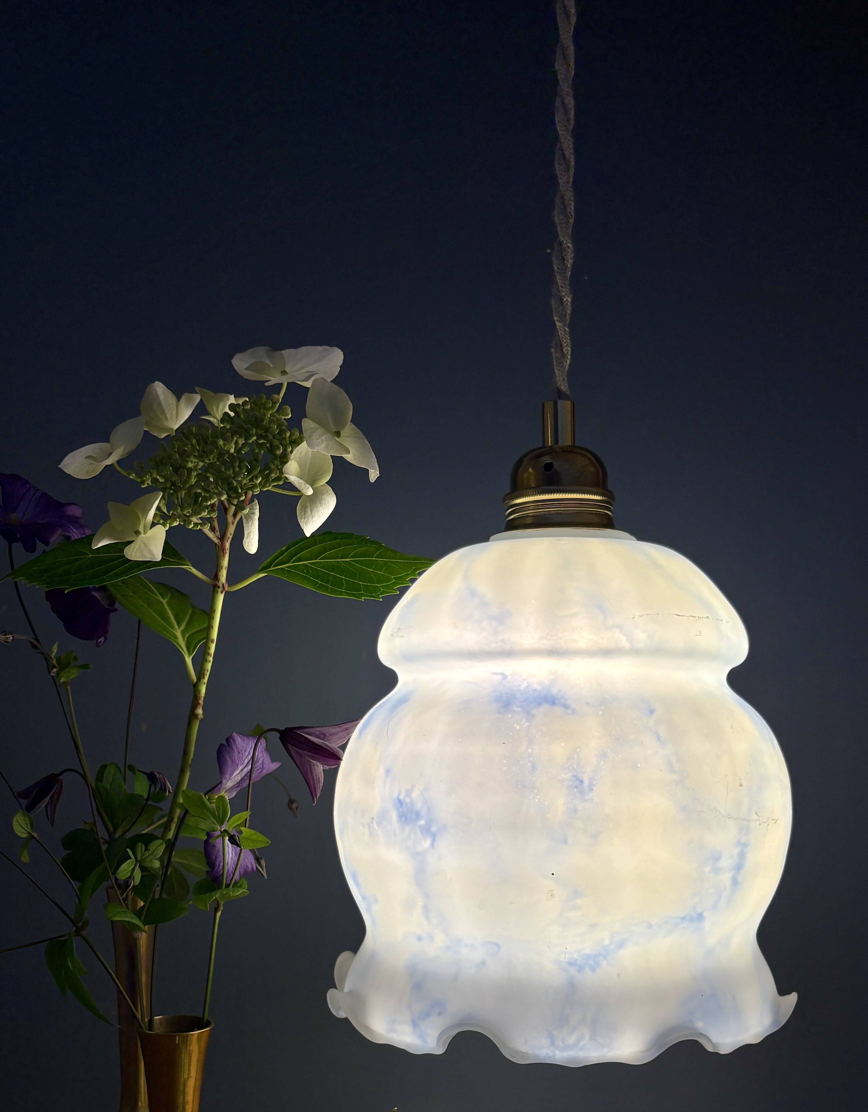 Vintage globe pendant light in white and blue opaline