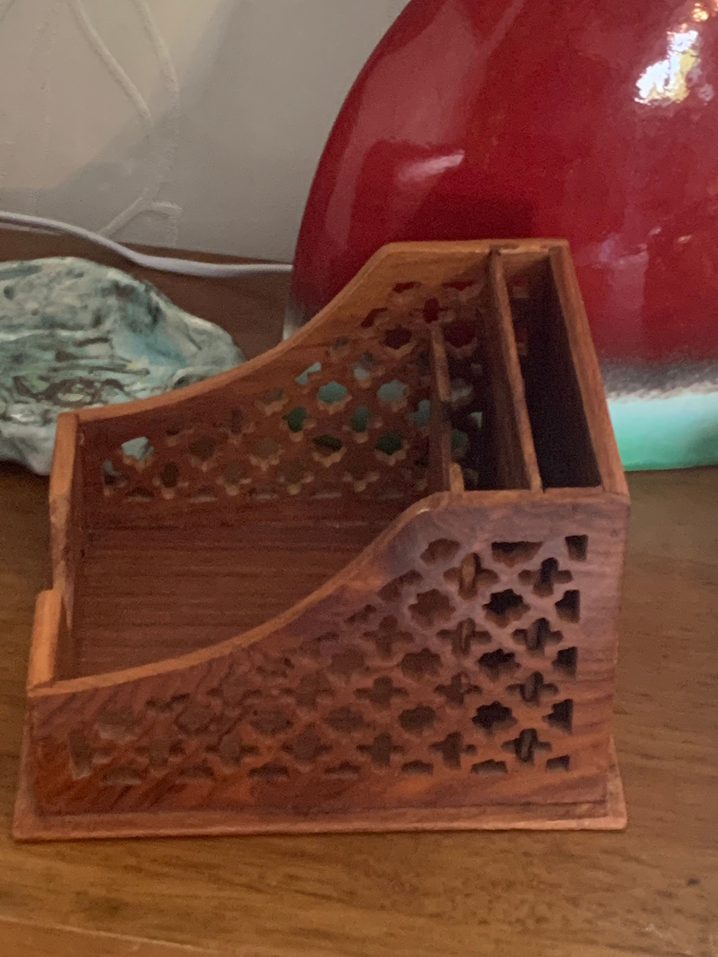 Mail holder, openwork wooden card holder, vintage