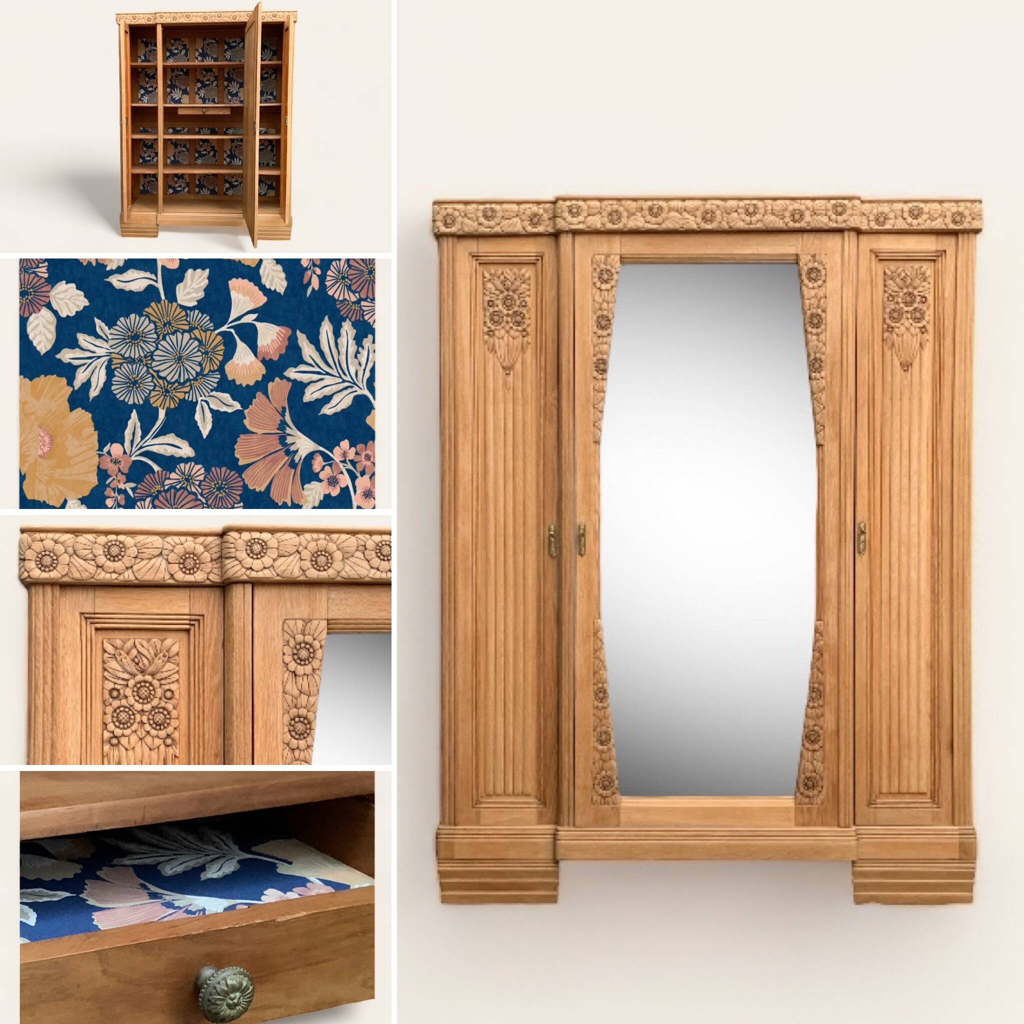 Parisian Art Deco style wardrobe in solid raw oak, 1950