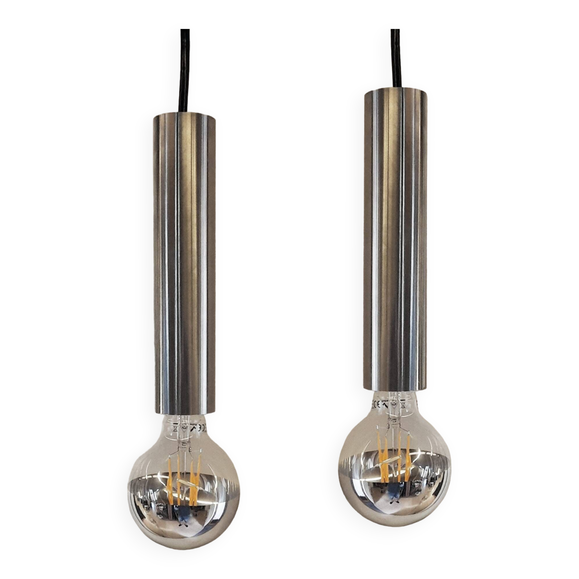 Pair of still tube pendant lights in polished stainless steel, 1970s, new