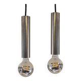 Pair of still tube pendant lights in polished stainless steel, 1970s, new