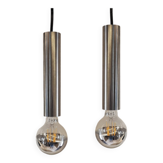 Pair of still tube pendant lights in polished stainless steel, 1970s, new