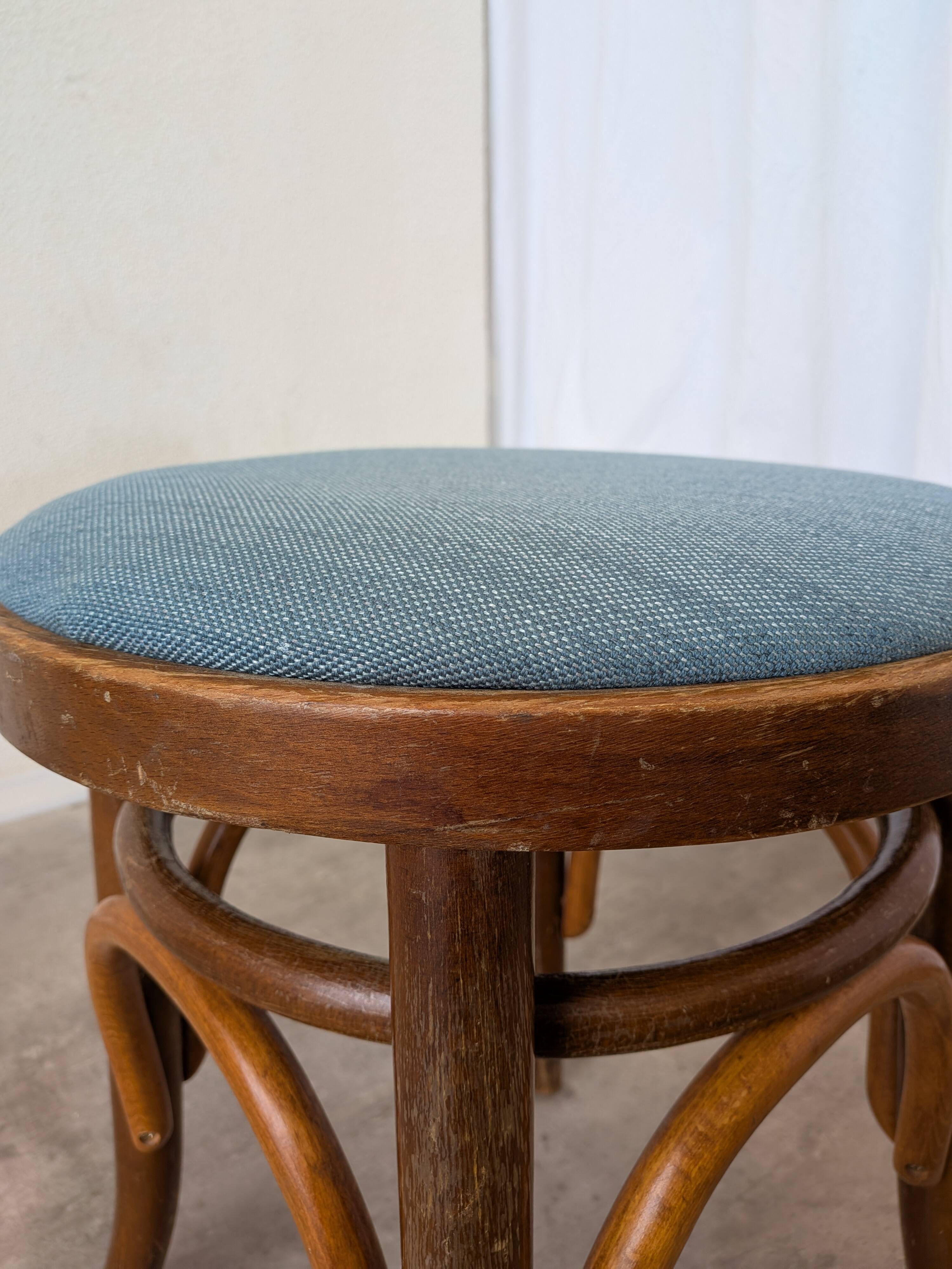 Pair of Vintage Bentwood Stools / Thonet Style / Upholstered Seat in Blue