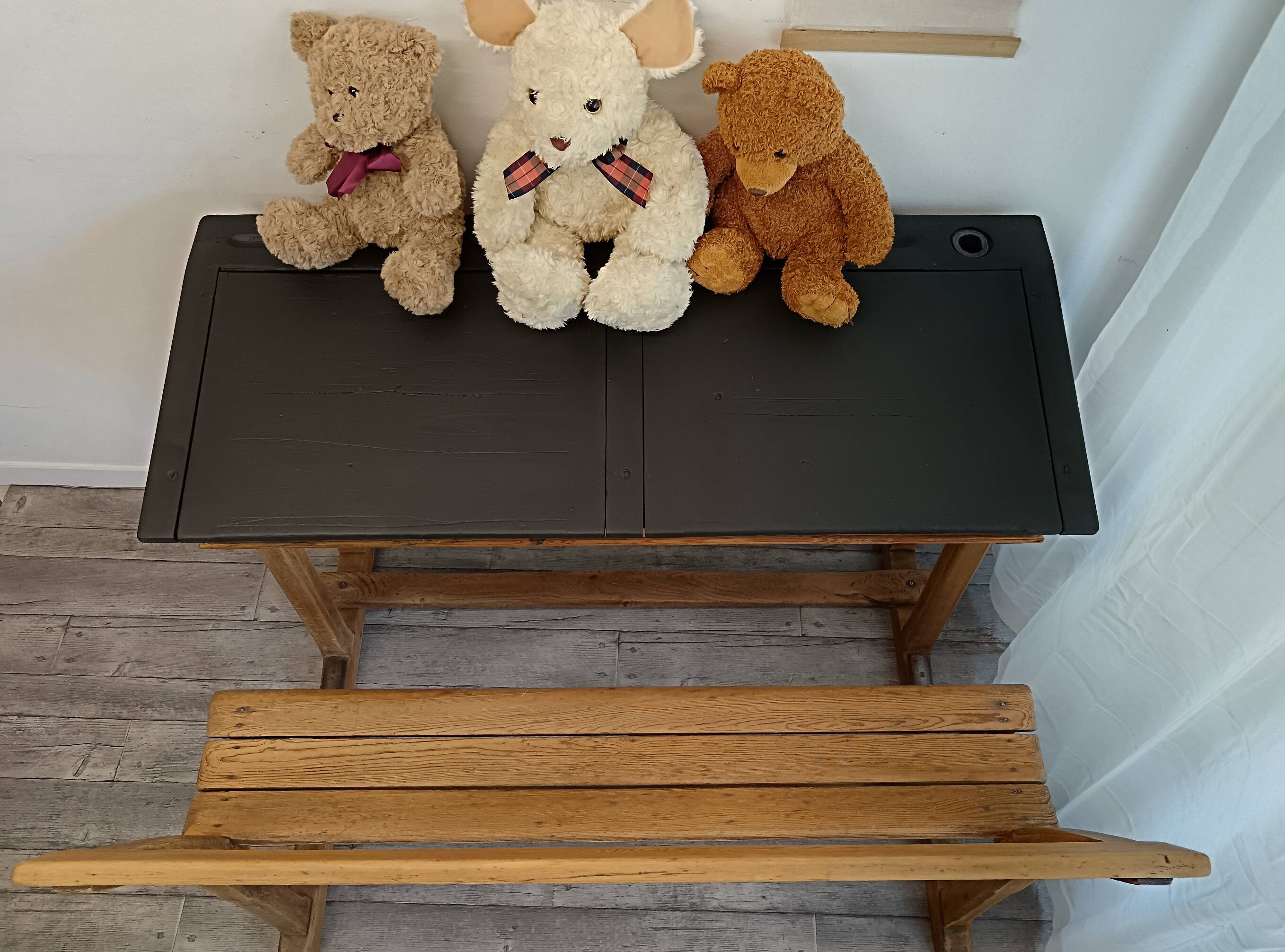 Double school desk in wood and black
