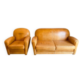 Authentique Ensemble Salon Club (Canapé + 1 Fauteuils) en Cuir Basane