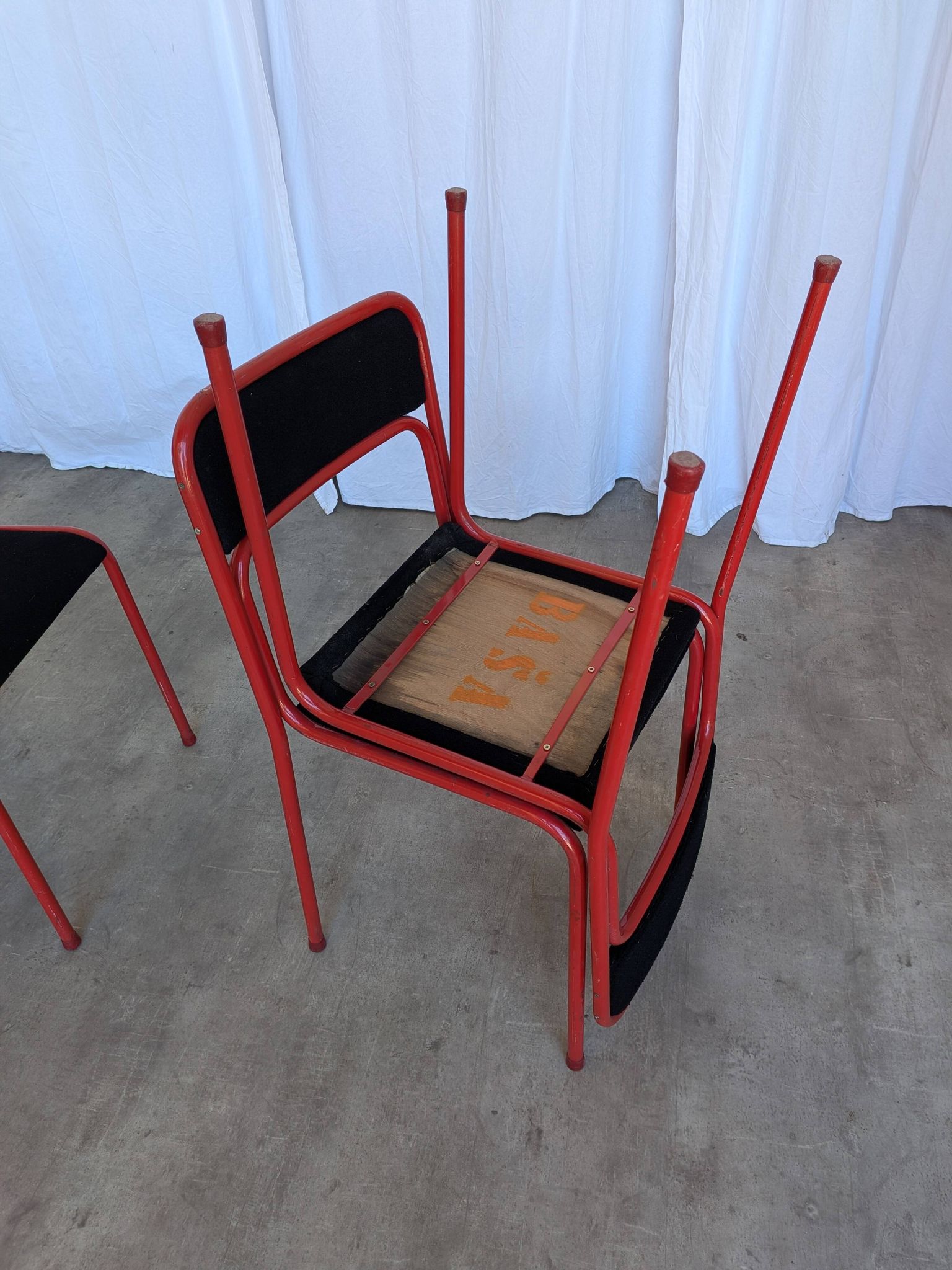 Set of 4 1970s Red & Black Metal Chair: Space Age Stackable Dining Chair