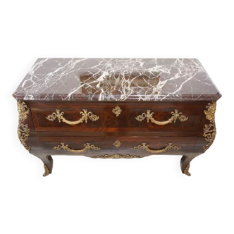 Antique chest of drawers in mahogany, Amboyna burl, red marble and bronze