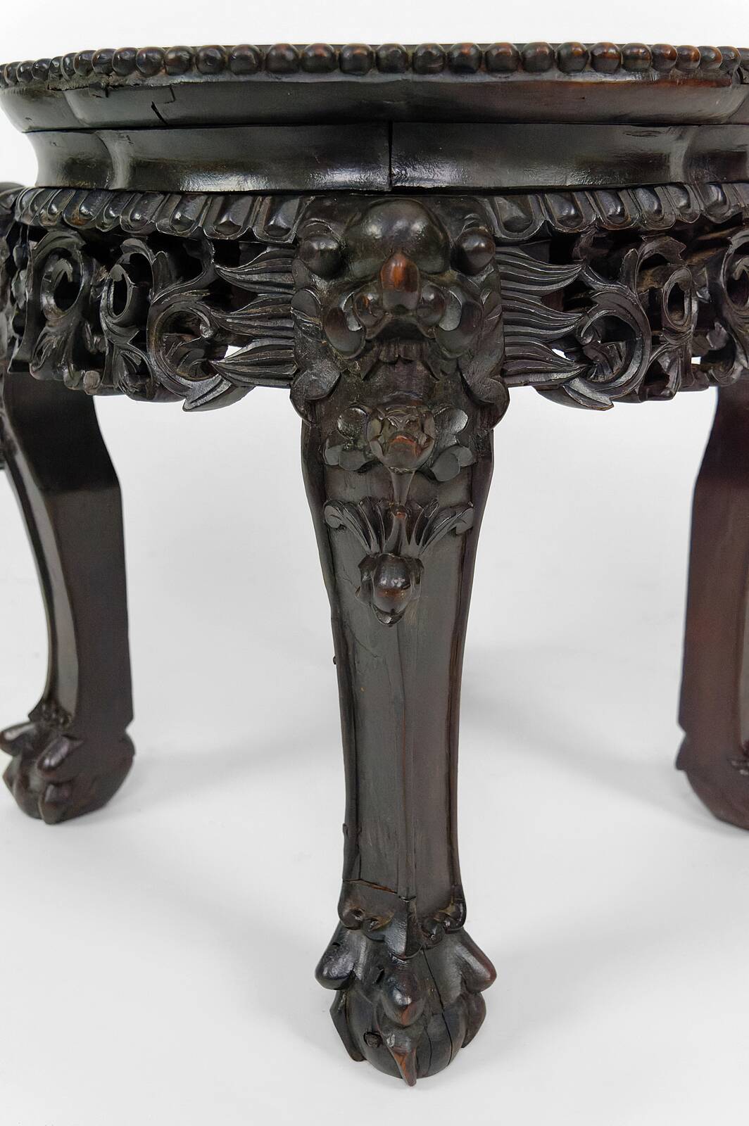 Asian wooden stand carved with Demons, marble top, Indochina, circa 1880