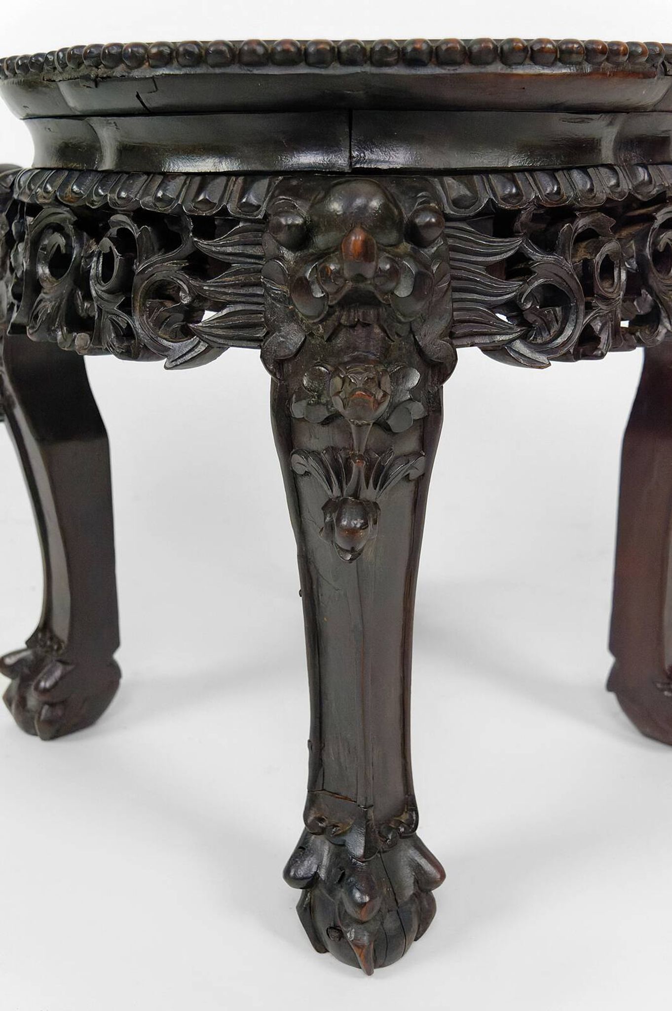 Asian wooden stand carved with Demons, marble top, Indochina, circa 1880