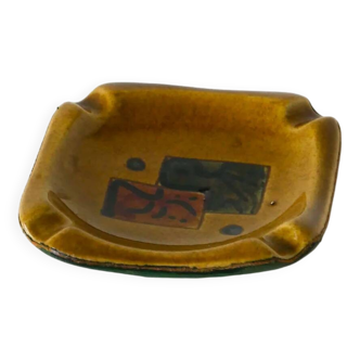 Ceramic and green leather ashtray, abstract patterns, black and brown, design, 1960.