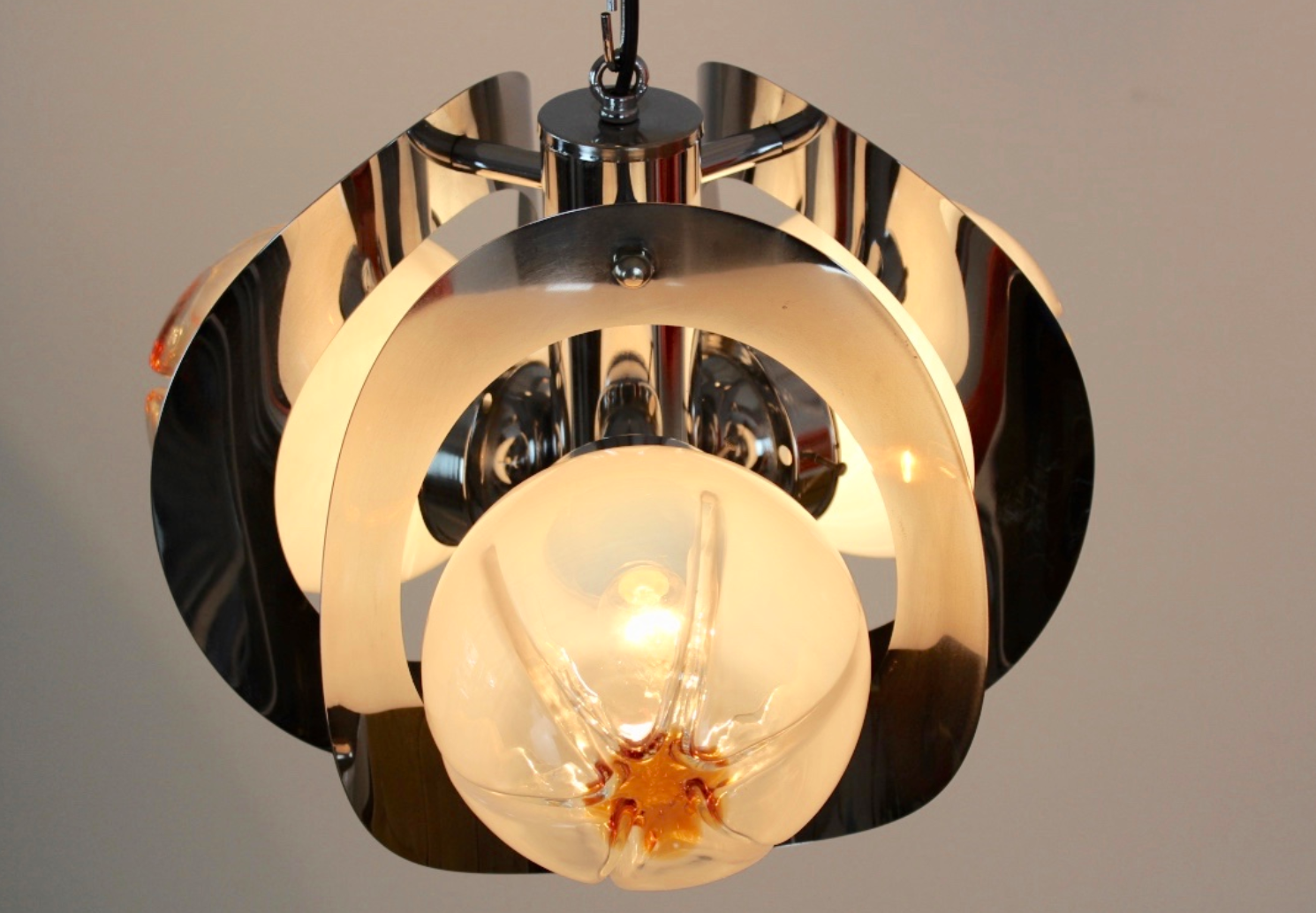Geometric vintage chandelier in chrome and glass frosted by A.V. Mazzega