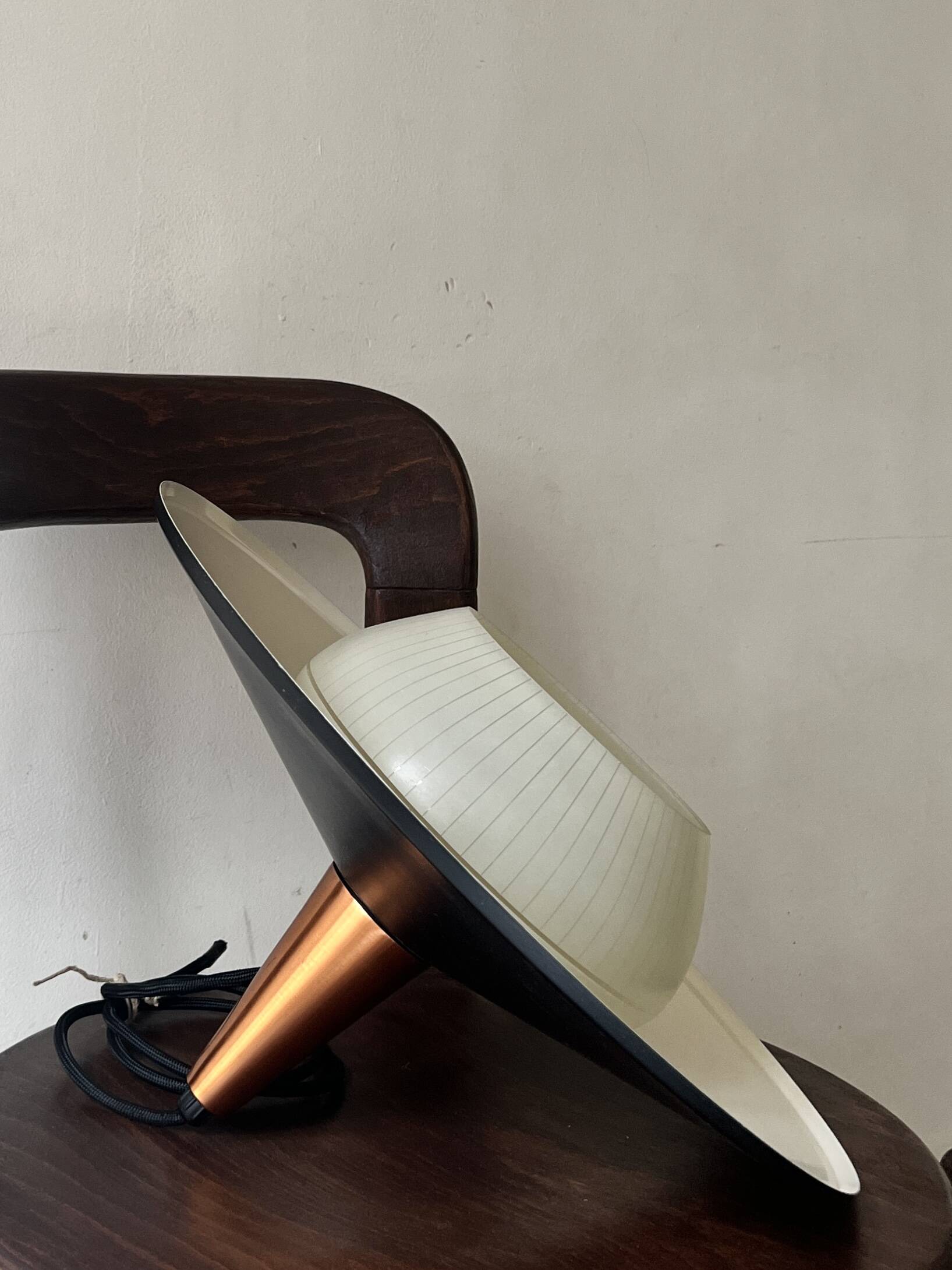 Scandinavian suspension in black metal, copper, and opal glass, 1970s design.