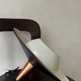 Scandinavian suspension in black metal, copper, and opal glass, 1970s design.