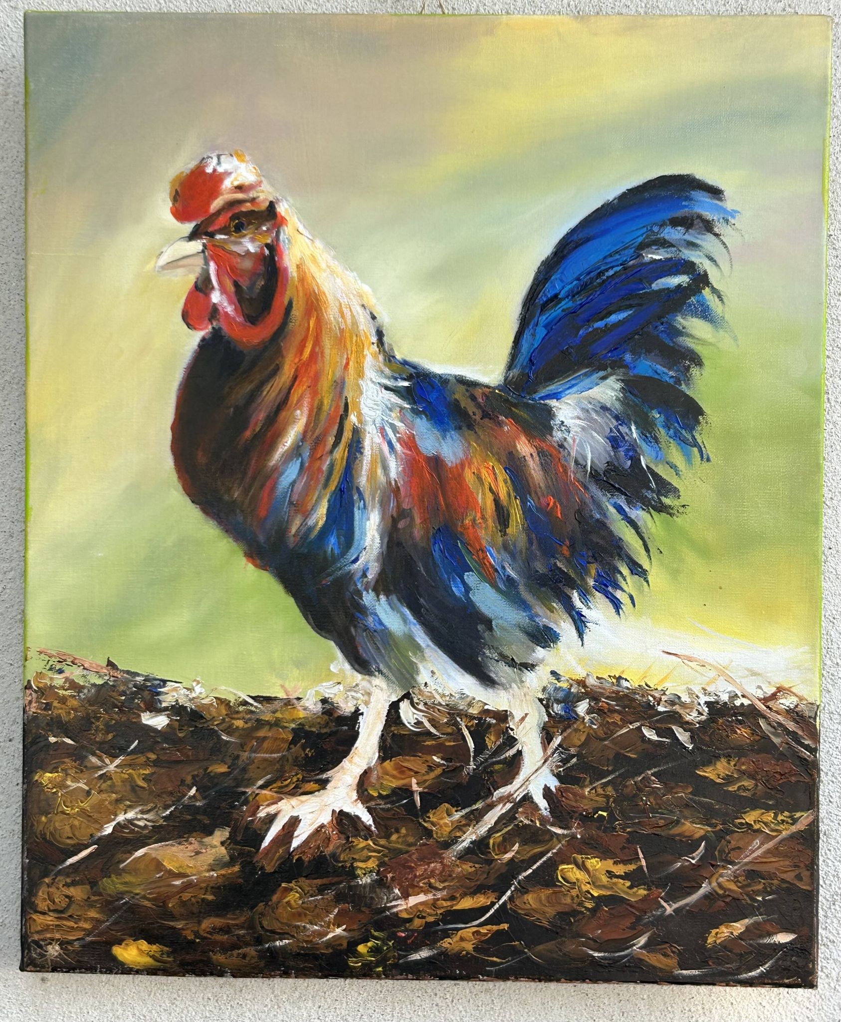 Oil on canvas, Colourful rooster painted with a knife in bright colours, Ballarin Evelyne