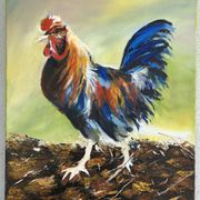 Oil on canvas, Colourful rooster painted with a knife in bright colours, Ballarin Evelyne