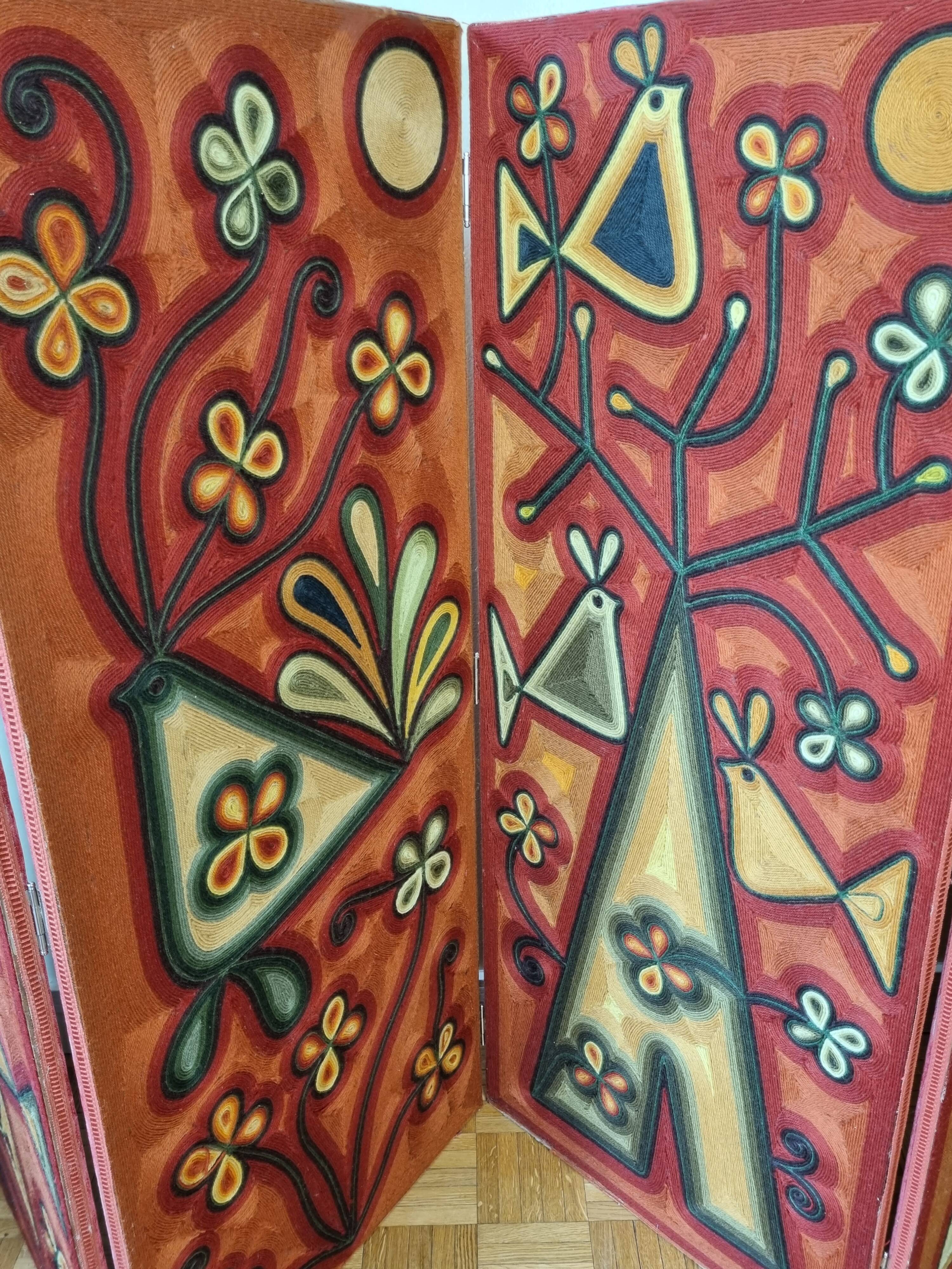 Screen decorated with wool threads, "Huichol" art, Sofia Ribeira, 120 cm