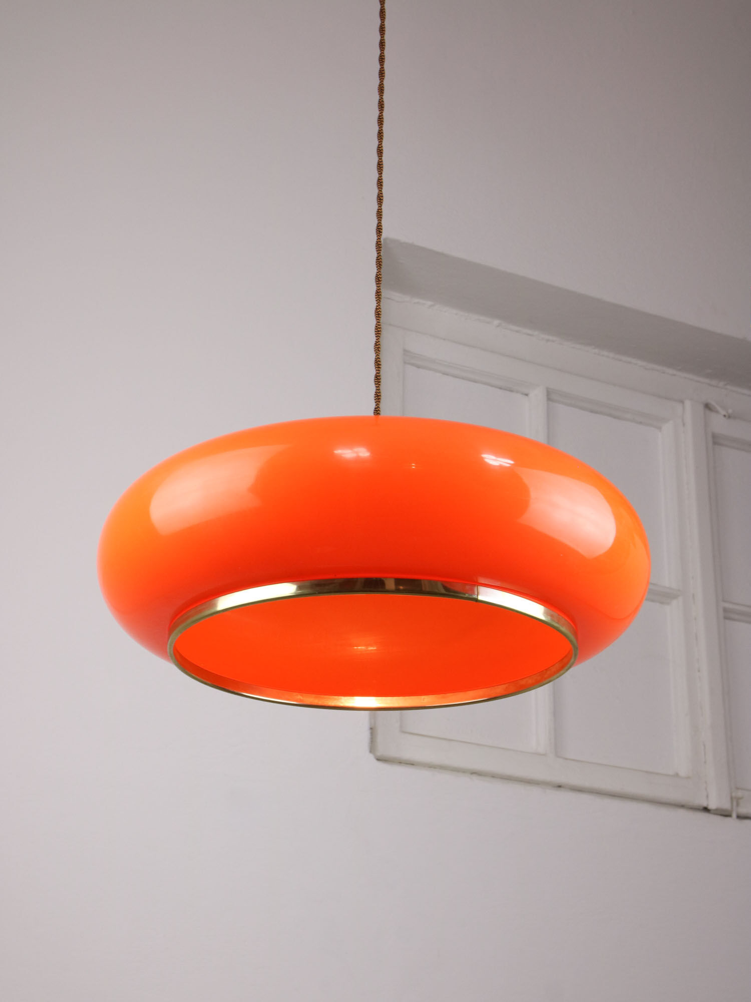 Space-age orange brass and plexiglass pendant lamp 70s