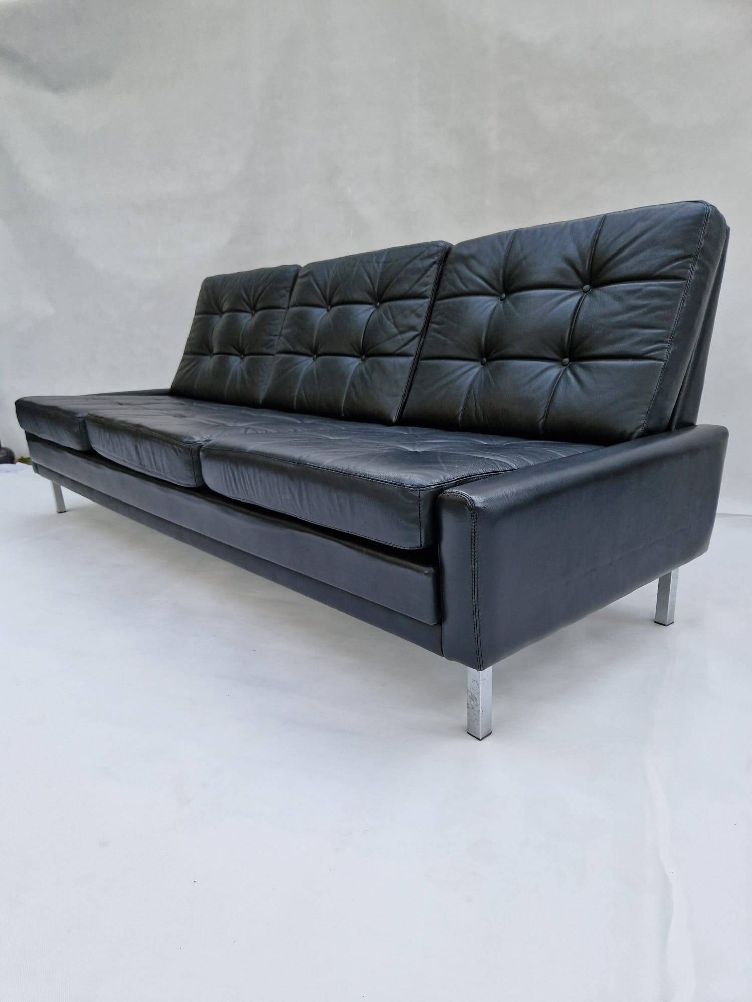 Canapé 3 places, vintage, chrome, cuir noir, Danemark, années 1960