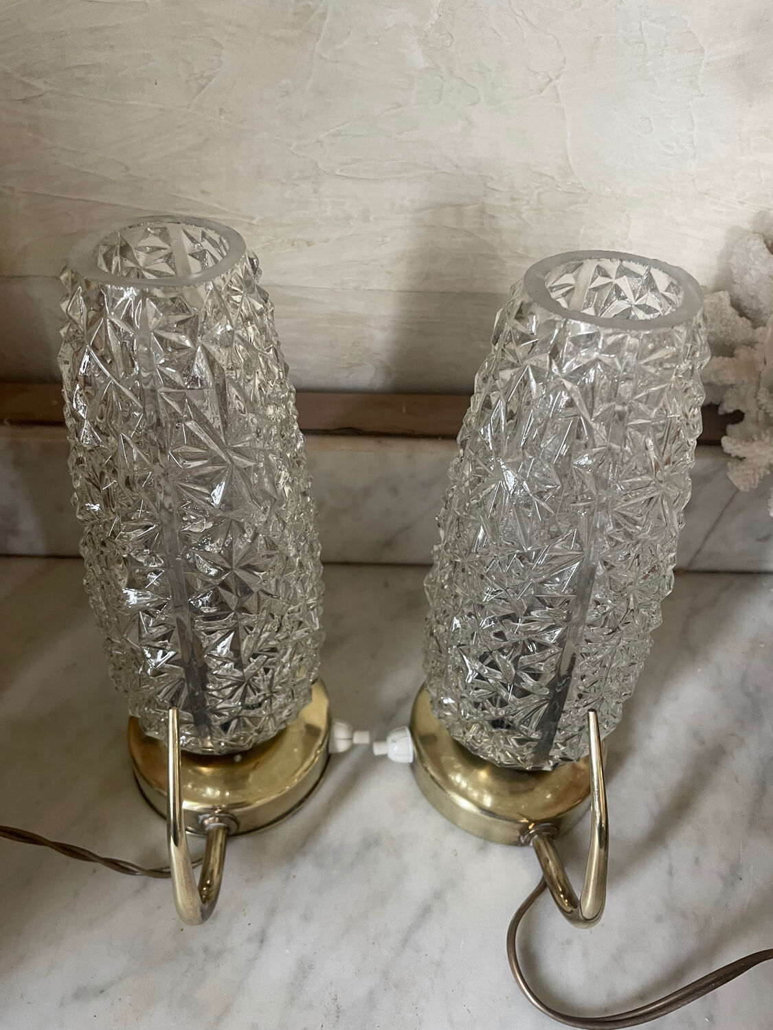 Pair of 1950s brass and glass bedside lamps