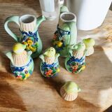 Vintage ceramic condiment set, barbotine: Salt, pepper, sugar, oil and vinegar