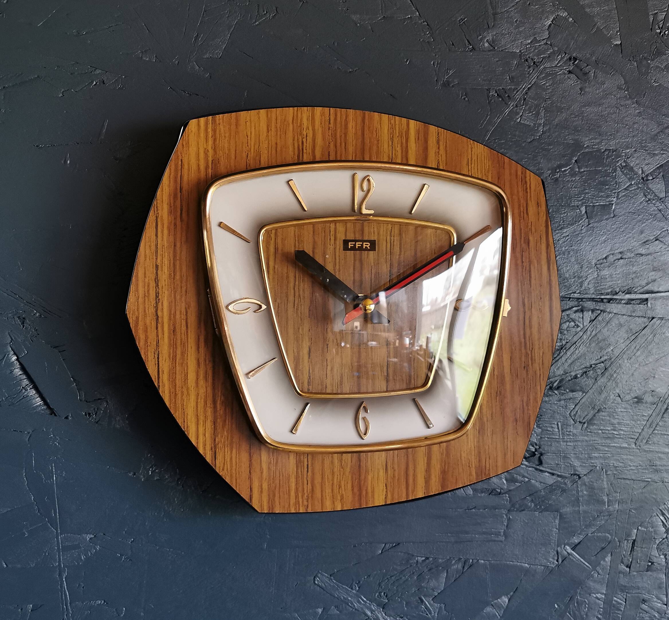Vintage formica clock silent hexagonal wall pendulum "FFR wood"