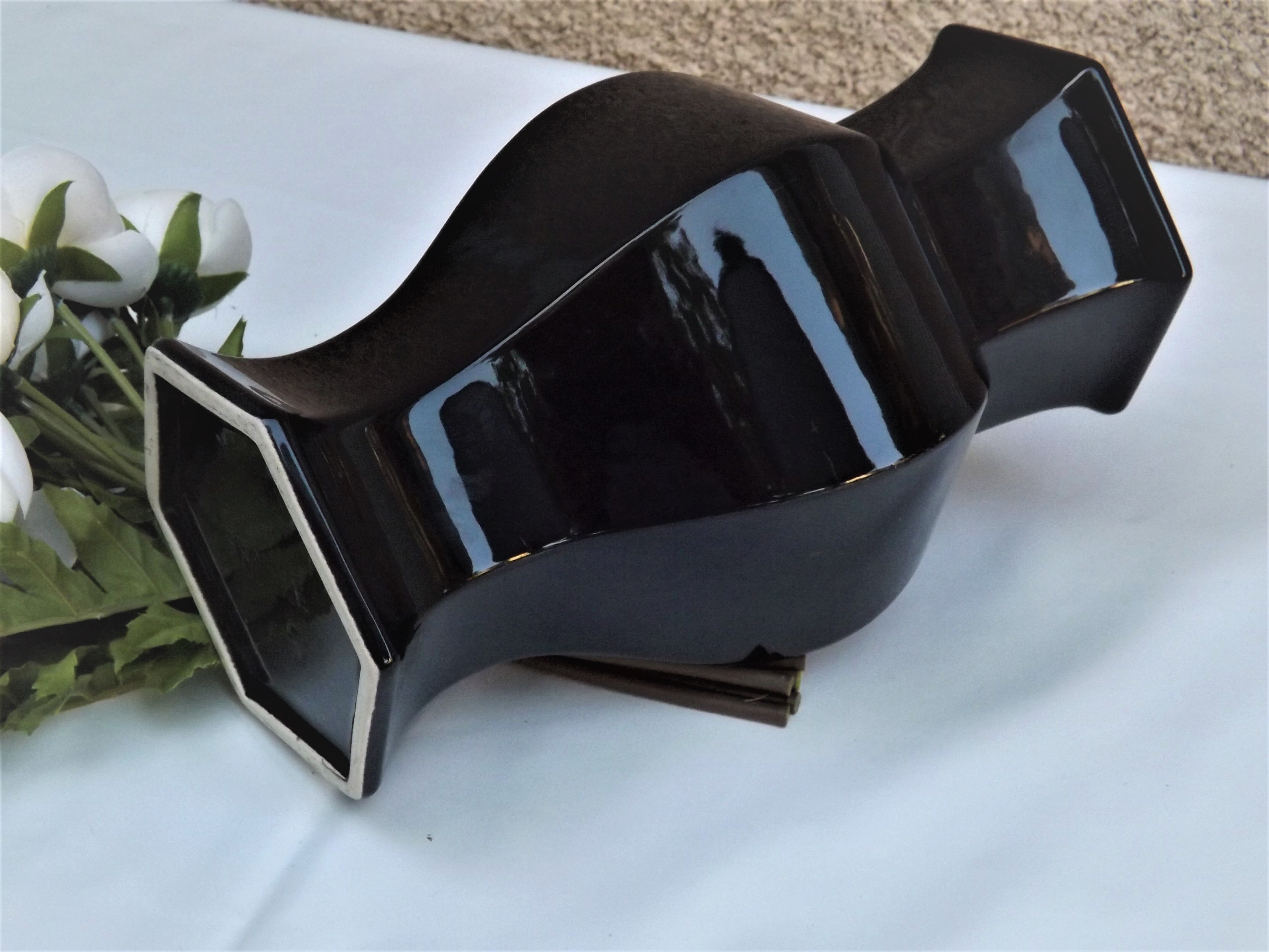Hexagonal ceramic vase enamelled black France
