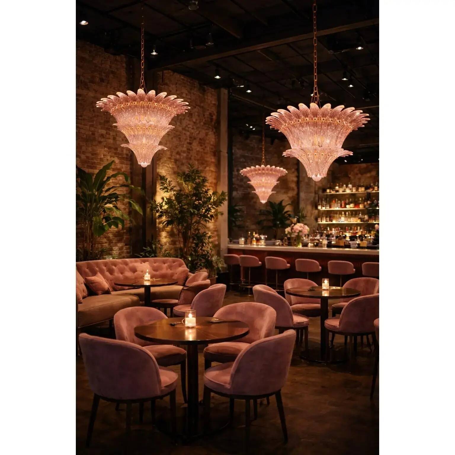 Luxury Pair of Pink “Palmette” Murano Glass Chandeliers in Mid-Century