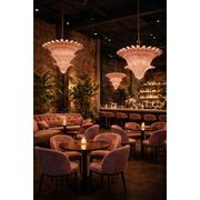 Luxury Pair of Pink “Palmette” Murano Glass Chandeliers in Mid-Century
