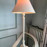 Roche Bobois table lamp, bleached wooden foot, ivory fabric lampshade