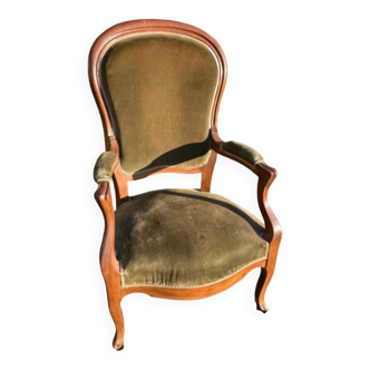 Fauteuil Louis Philippe velours vert et bois