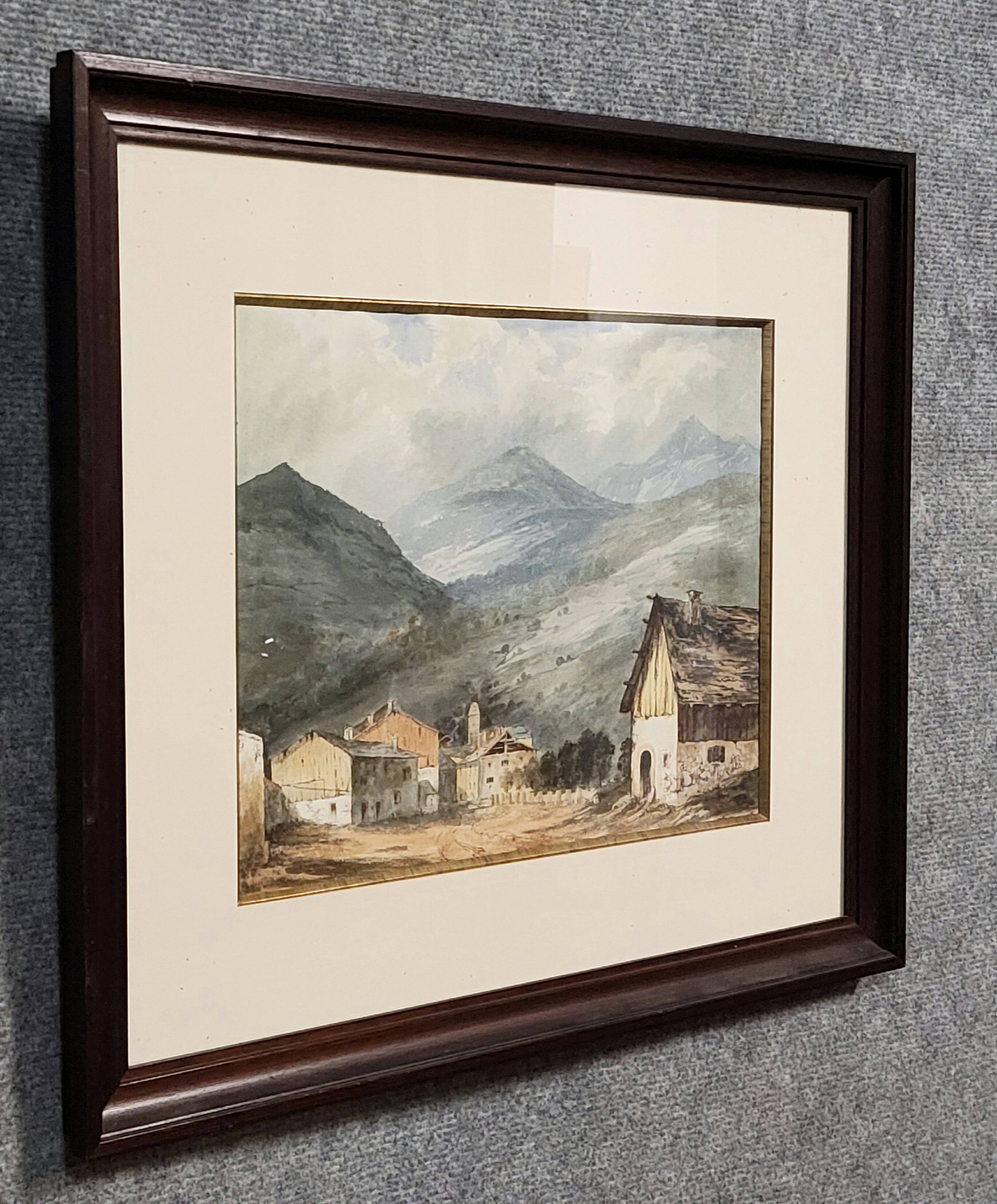Charming late 19th-century watercolor depicting a peaceful mountain village