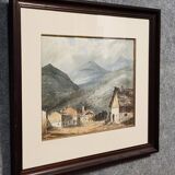 Charming late 19th-century watercolor depicting a peaceful mountain village