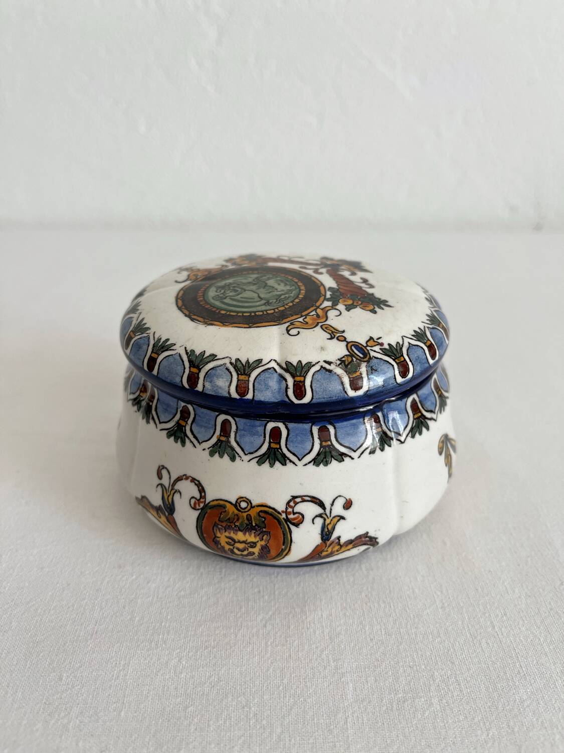 Antique Gien earthenware candy box with Renaissance decor