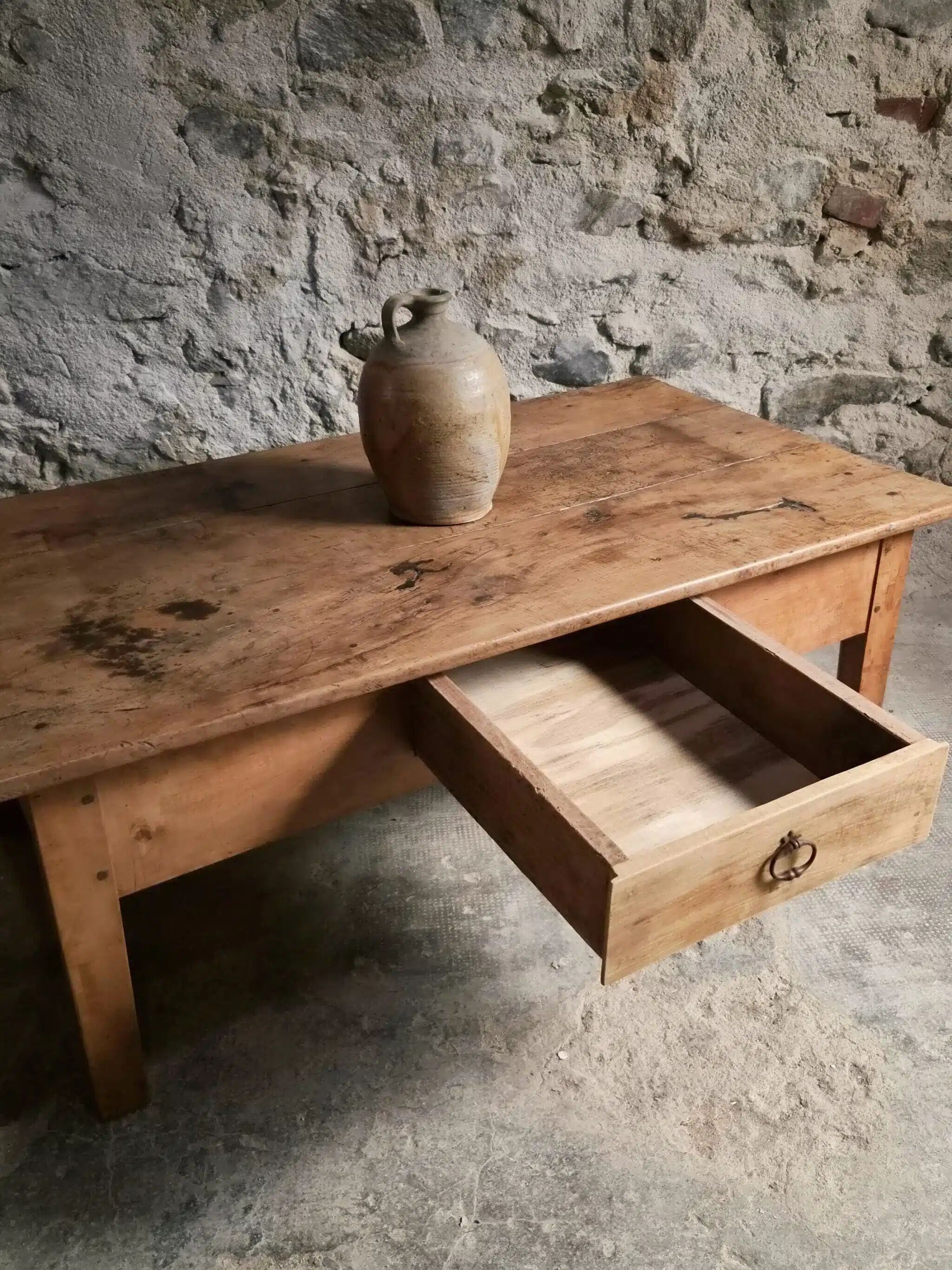 Antique cherry coffee table, rustic farmhouse table with drawer, circa 1750–1800.