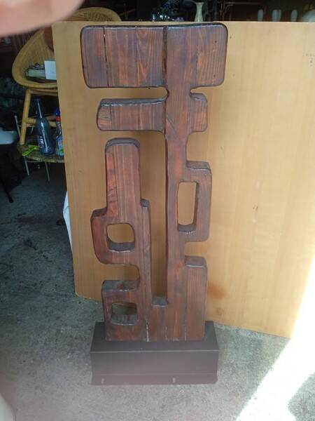 Brutalist Totem Sculpture, solid wood on base