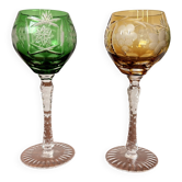 Paire de Verres à Pied en Cristal Taillé – Vert & jaune – Décor Ra