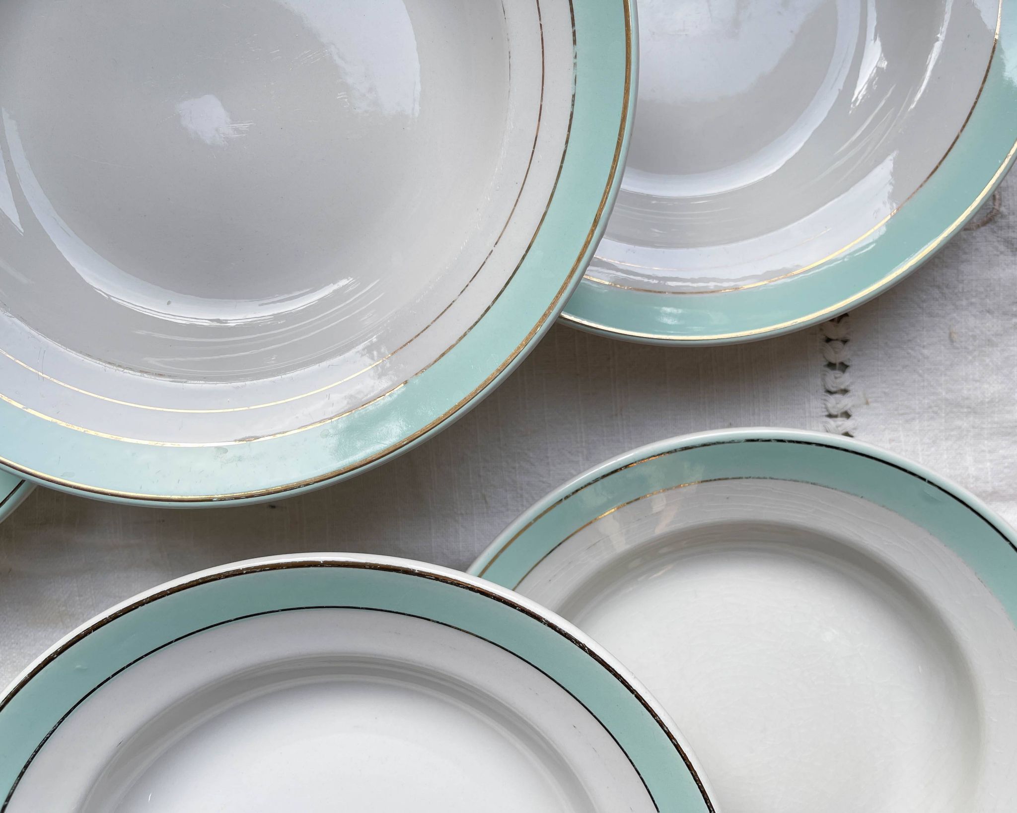 6 vintage LUNEVILLE earthenware soup plates, white, green and gold