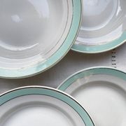 6 vintage LUNEVILLE earthenware soup plates, white, green and gold