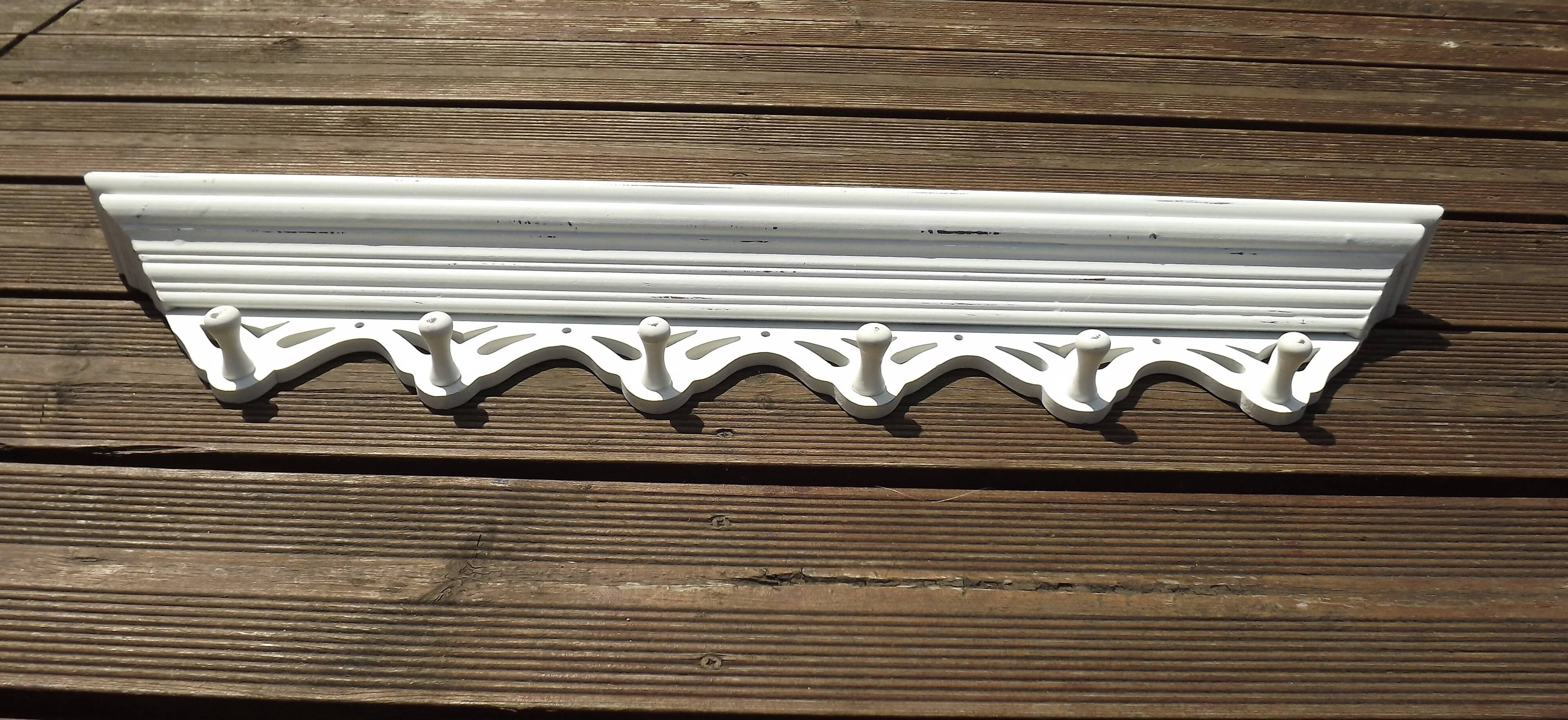 Vintage French White Shabby Chic 6 Peg Coat Rack with Shelf Cut-Out Detail
