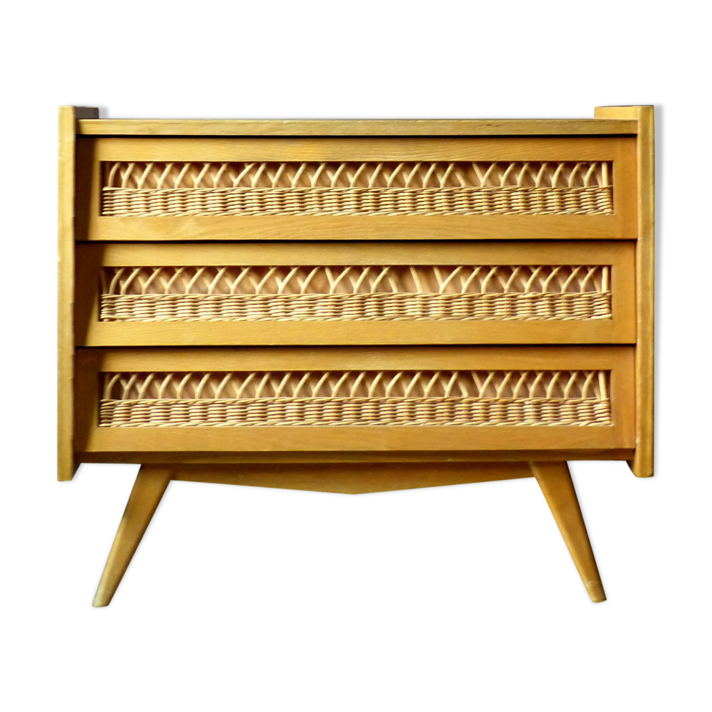 Commode vintage en bois et croisillons en rotin