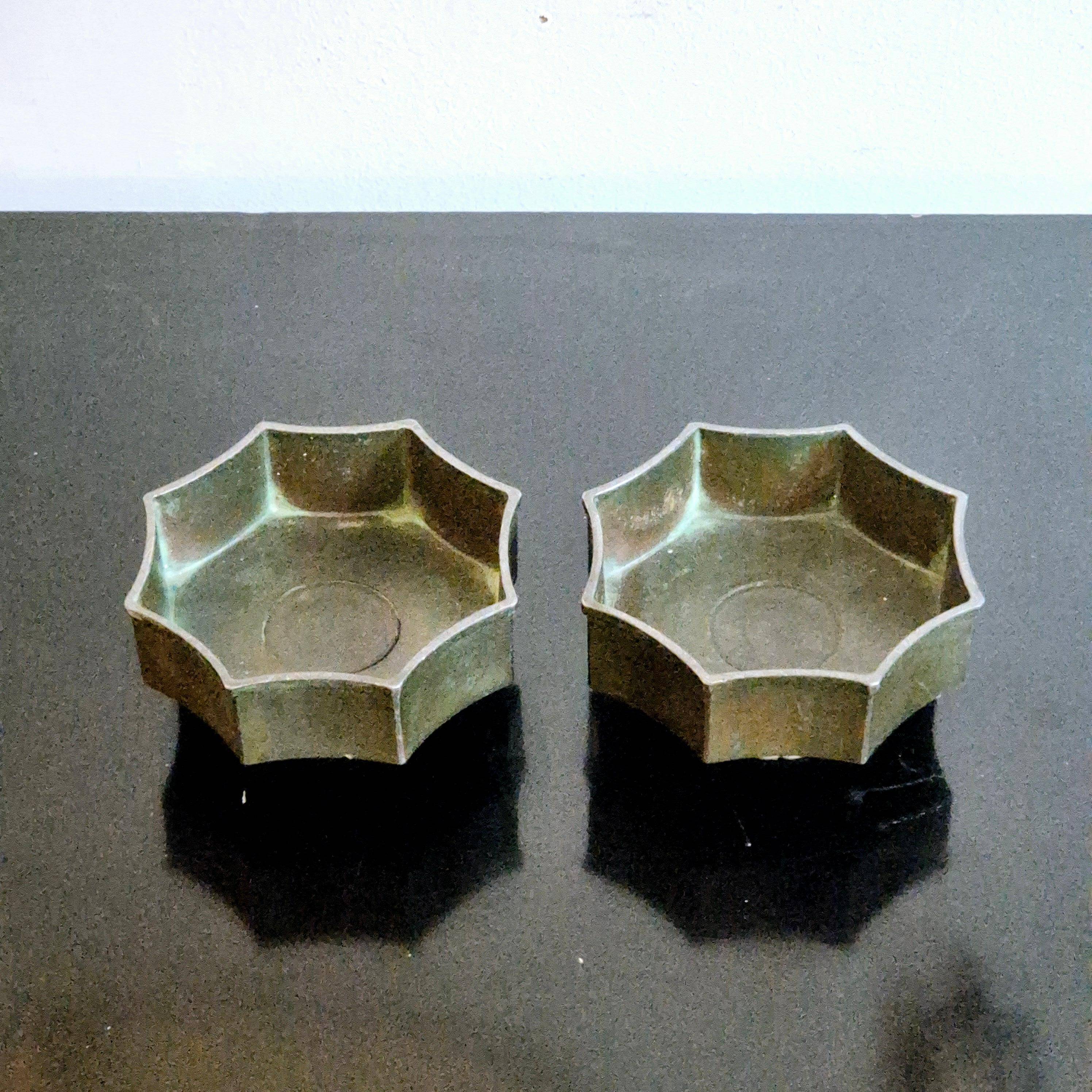 Pair of bowls/candle holders Just Andersen in metal Disko, Danish Grace