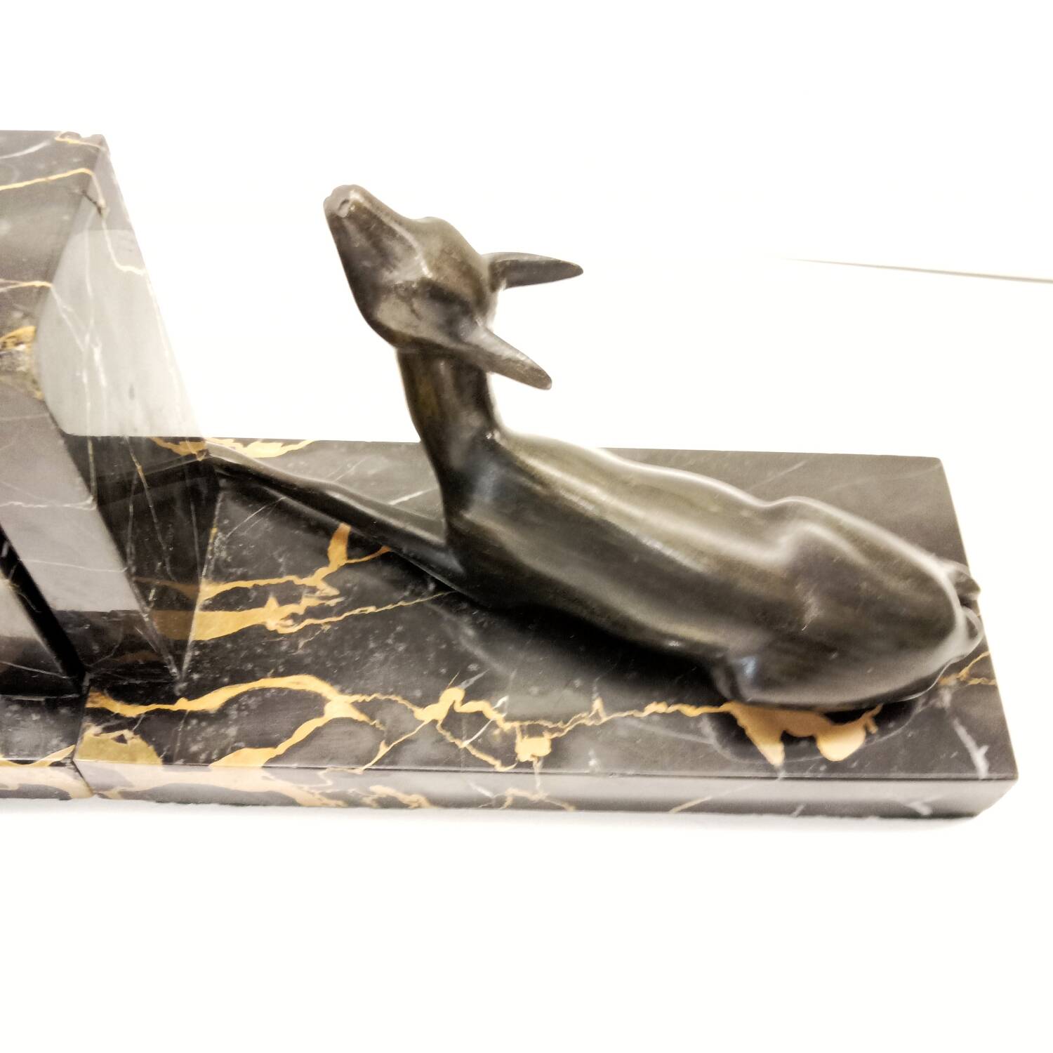 Art Deco Bookends of Doe Lying on Portor Marble