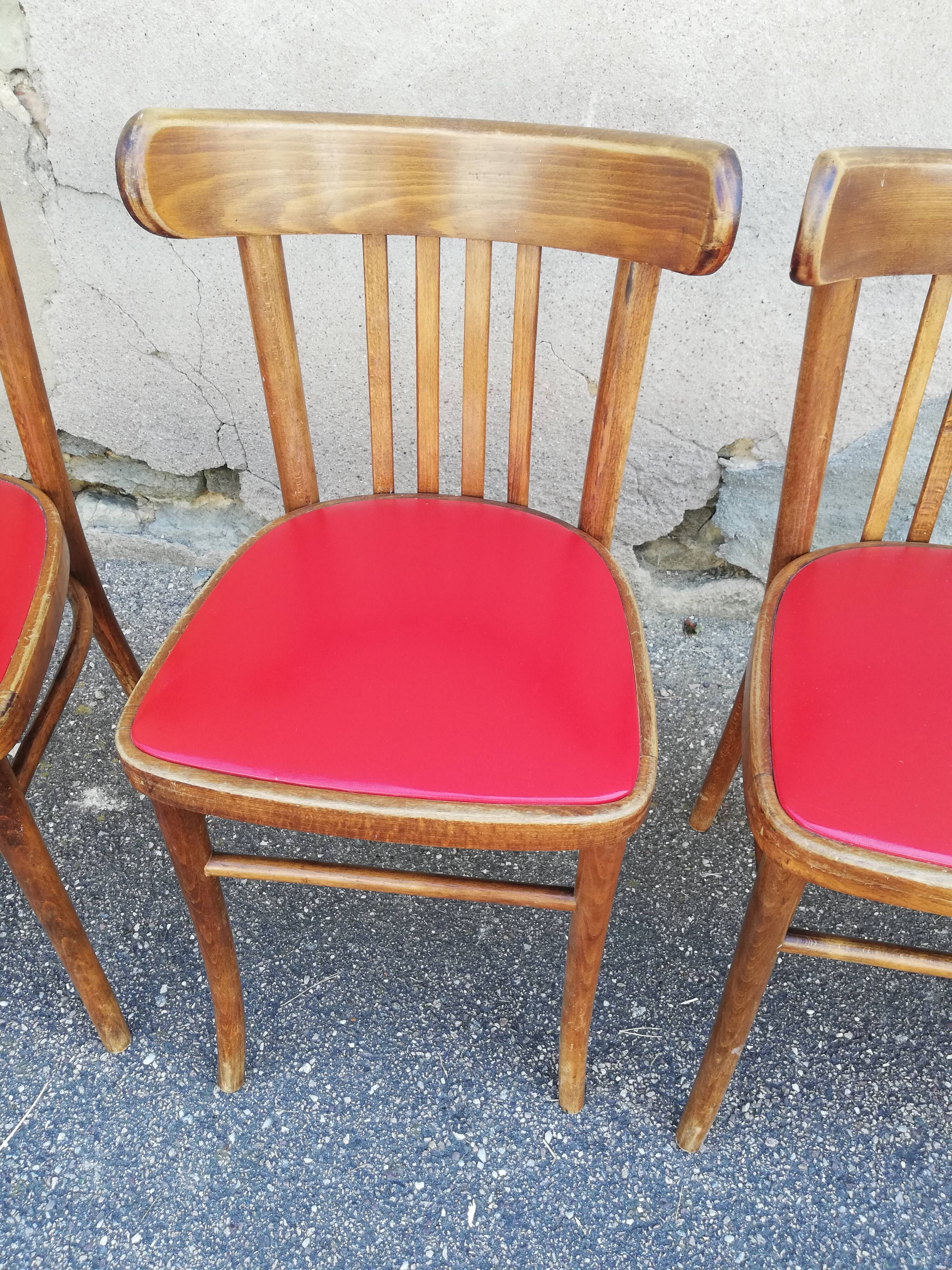 Set of 4 chairs bistro wood and red skai