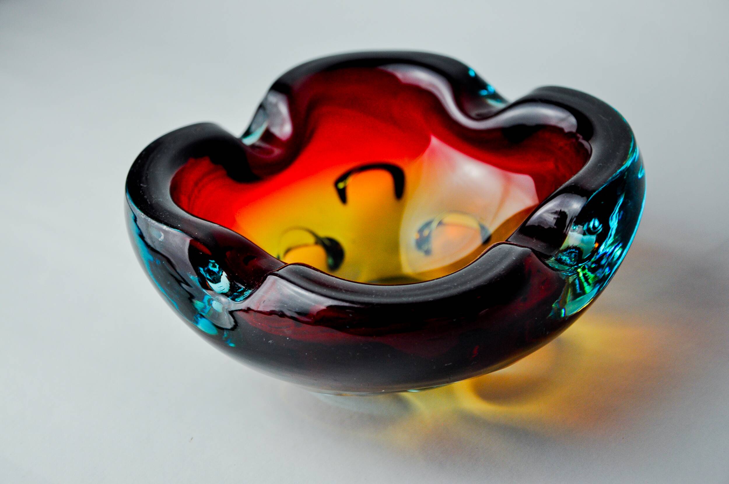 Sommerso orange and blue trinket tray by Flavio Poli for Seguso, Murano glass, Italy, 1970