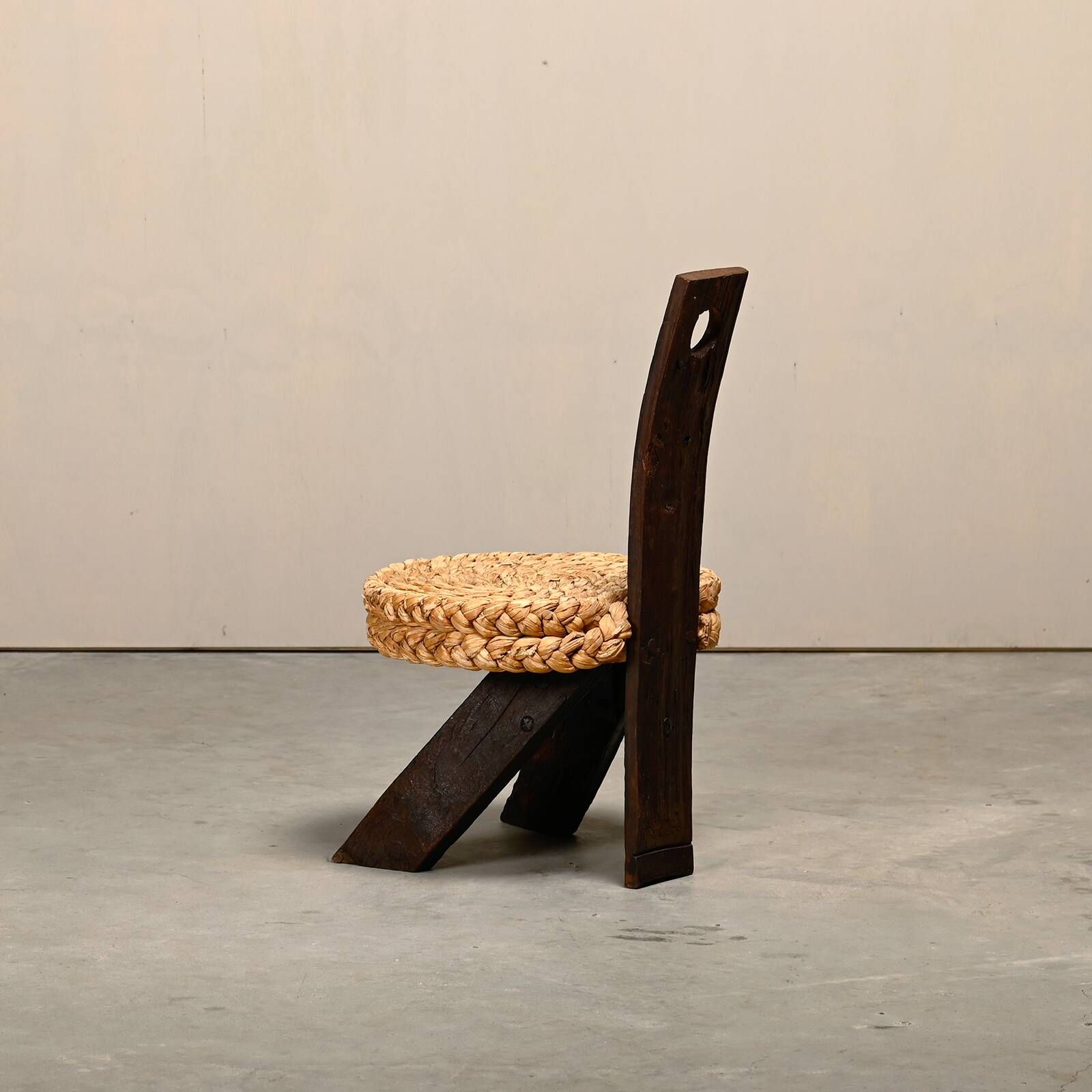 Fireplace Stool in Oak and Straw, France 1950s