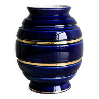 Vintage vase in shiny cobalt blue ceramic, gold edging