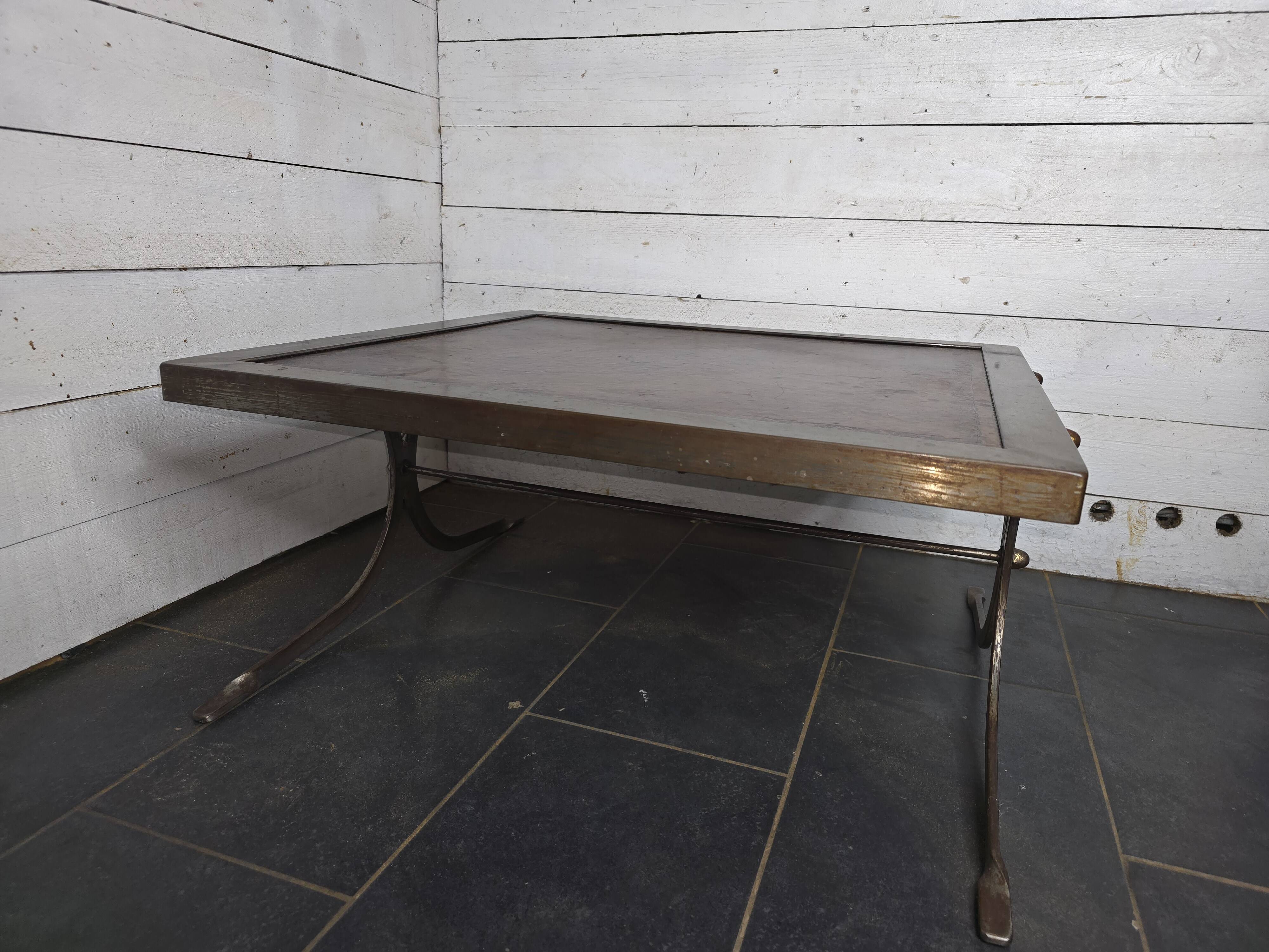 Vintage steel and leather coffee table