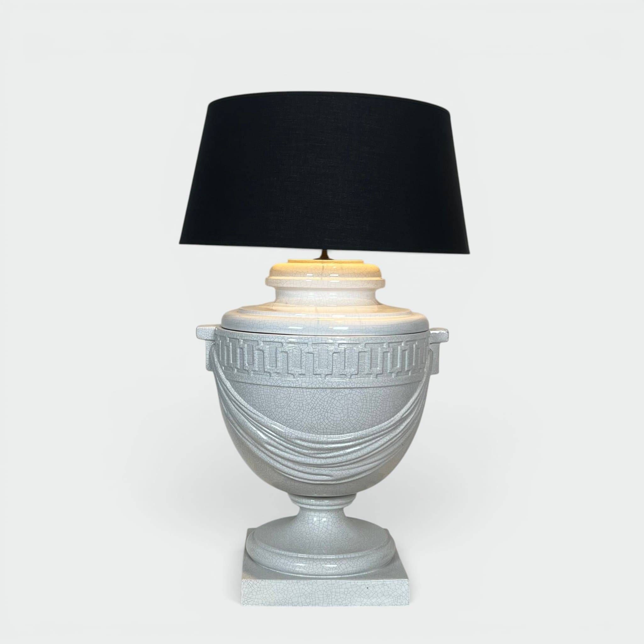 Large White Crackled Ceramic Urn Lamp with Drapery and Greek Frieze.